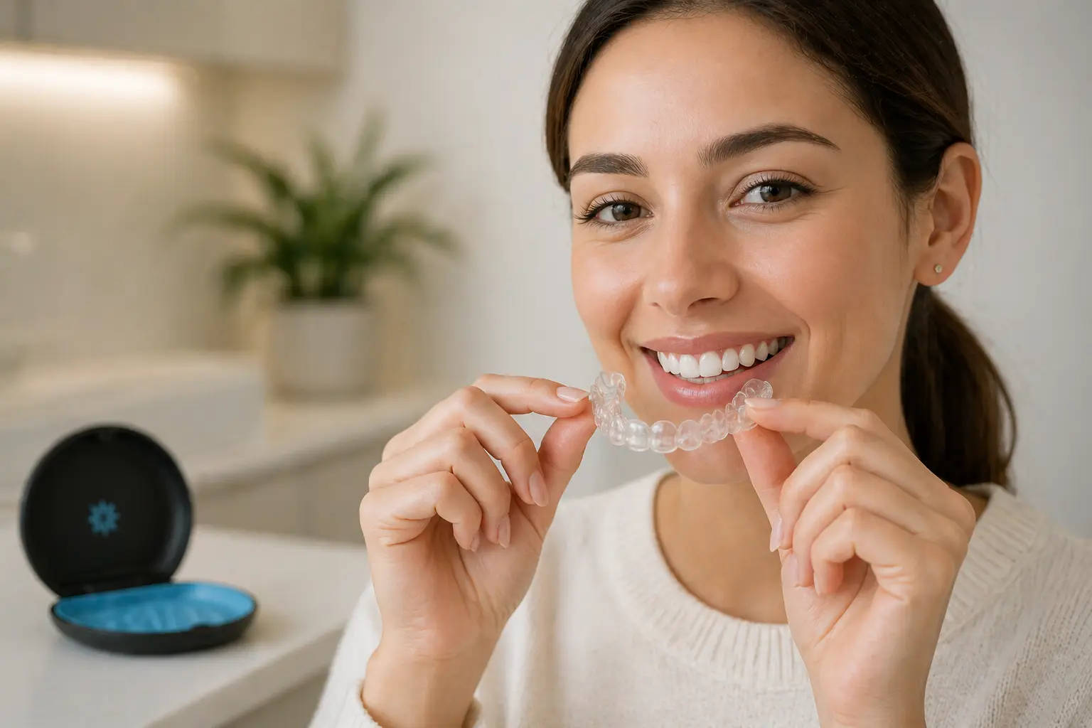 Clear dental aligners on a clinical tray