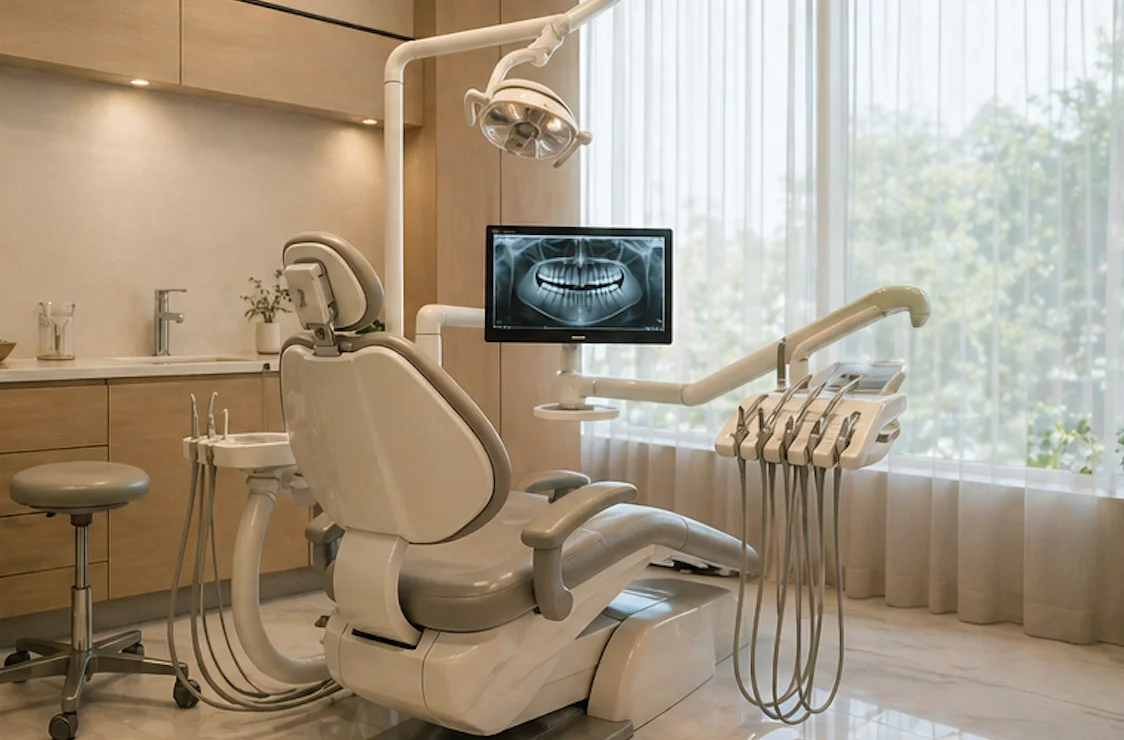 Calm clinic interior with warm materials and natural light