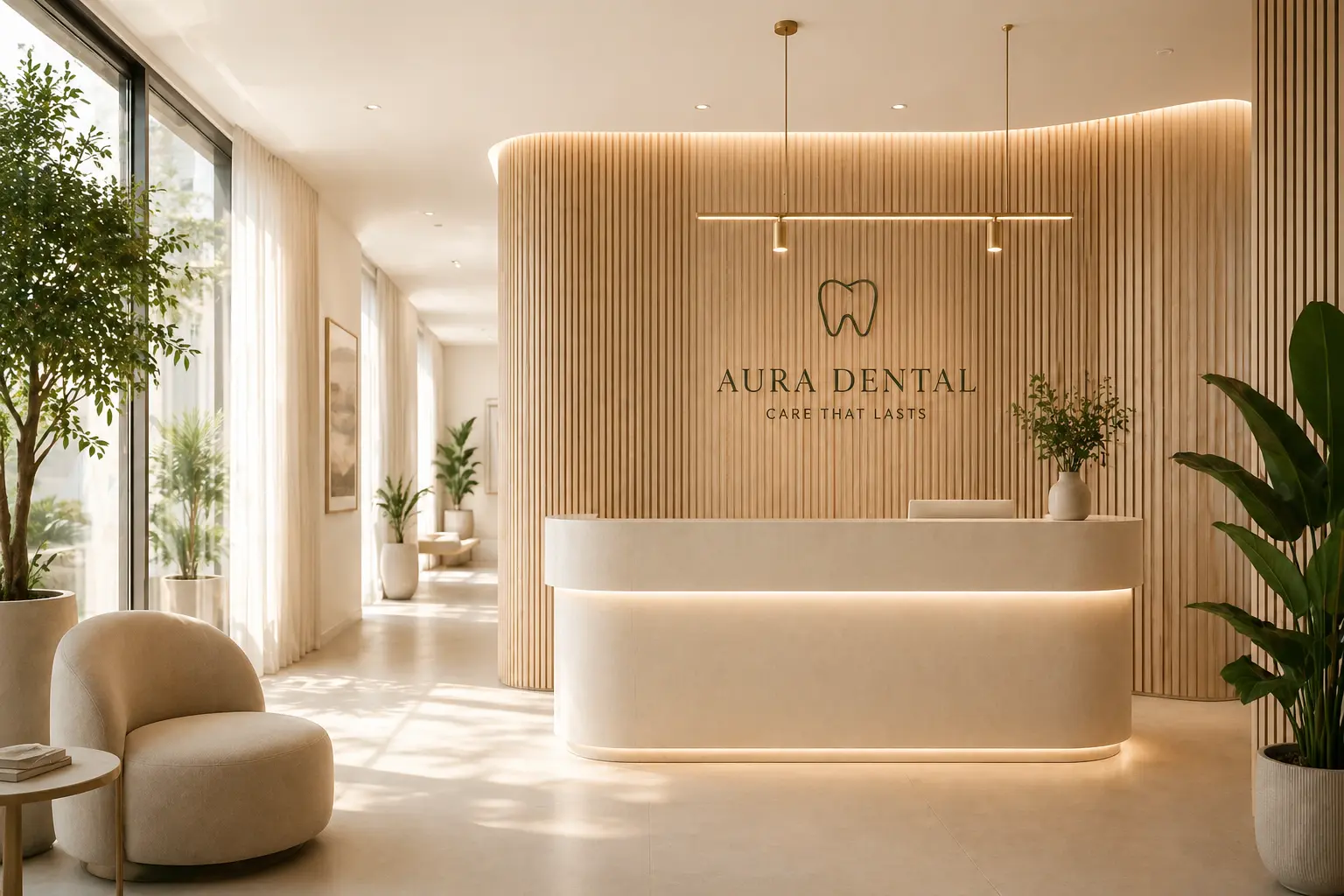 Refined premium dental clinic interior with warm architecture and natural light